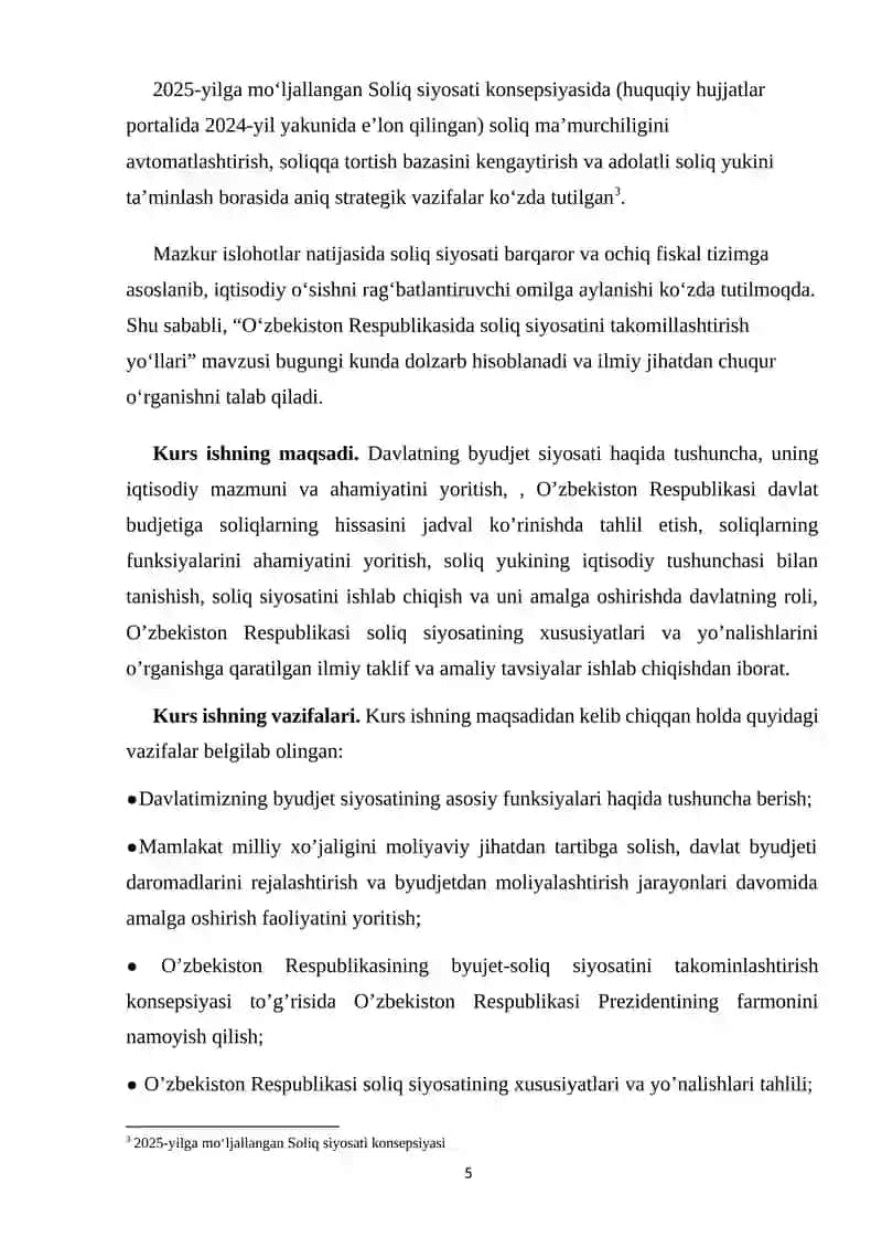 O’zbekiston Respublikasi Soliq tizimida olib borilayotgan soliq strategiyasi va taktikasi shuningdek unga ta‘sir etuvchi omillar 4