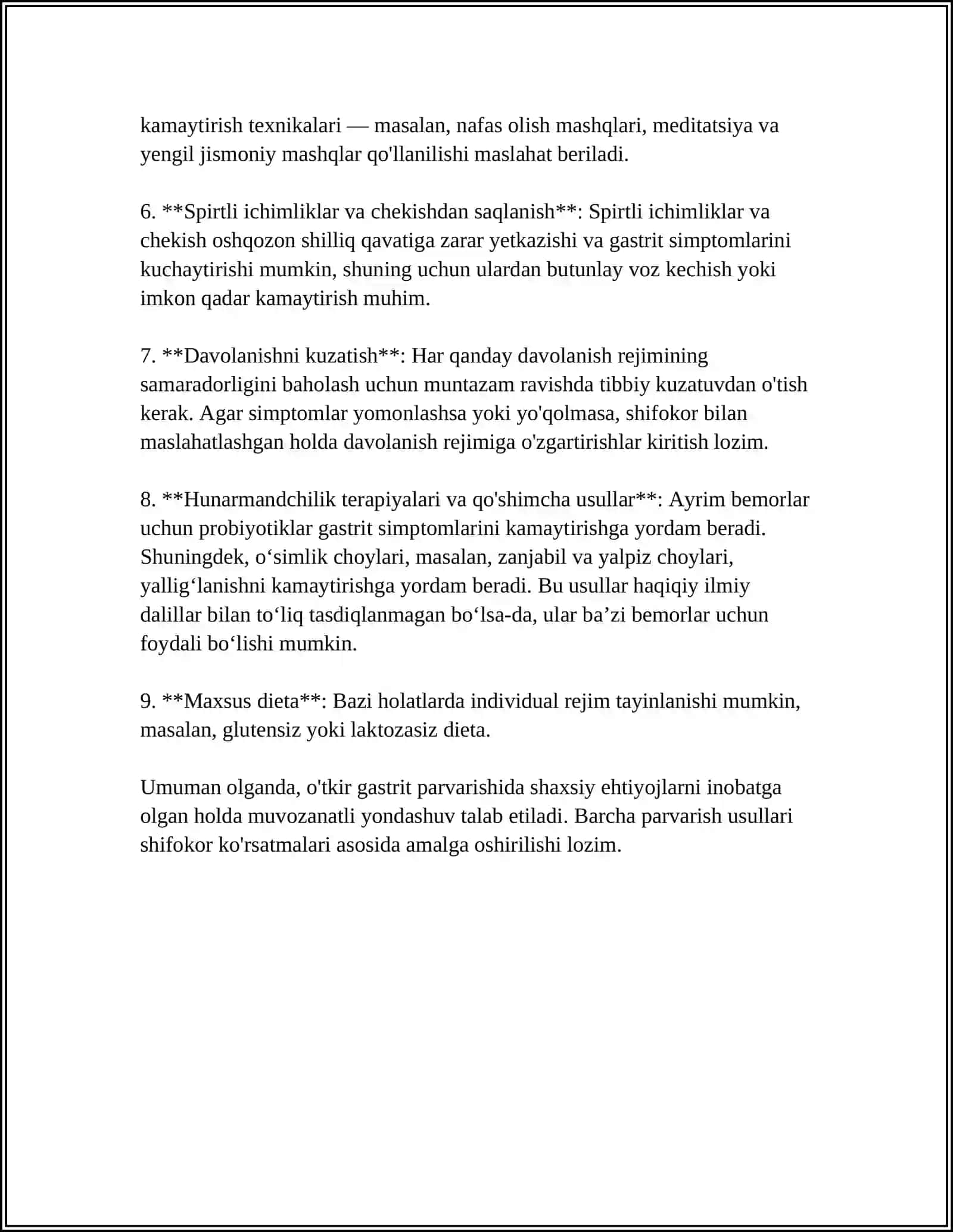 O'TKIR VA SURUNKALIK GASTRITLAR YARA KASALLIGIDA BEMORLARNI PARVARISH QILISH 4