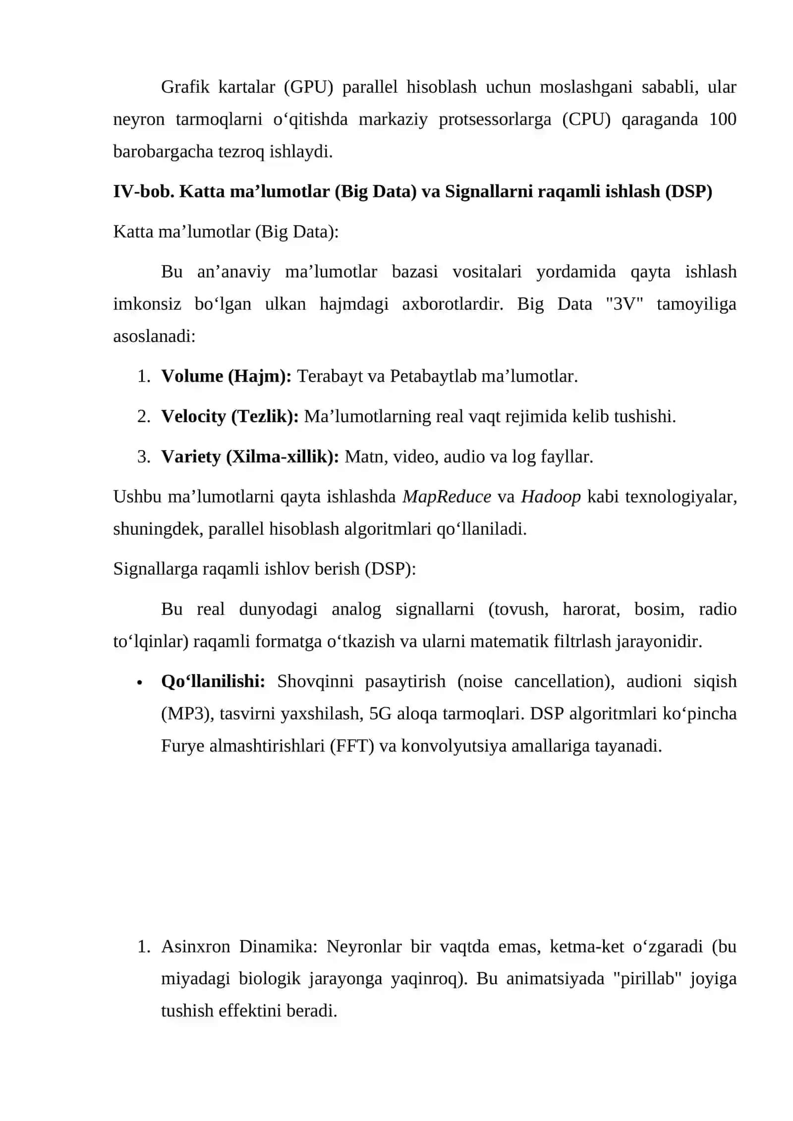 : Grafik ishlov berish, ilmiy hisoblash, sun’iy intellekt, katta ma’lumotlar va signallarga raqamli ishlov berish texnologiyalarining o‘zaro bog‘liqligi va amaliy ahamiyati. 4