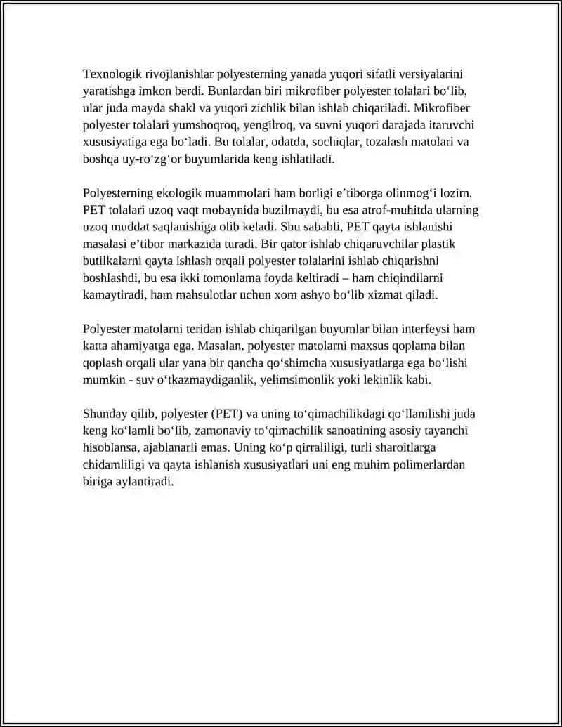 TOʻQIMACHILIK VA YENGIL SANOATDAN QO'LLANILADIGAN ENG MUHIM POLIMERLAR 4