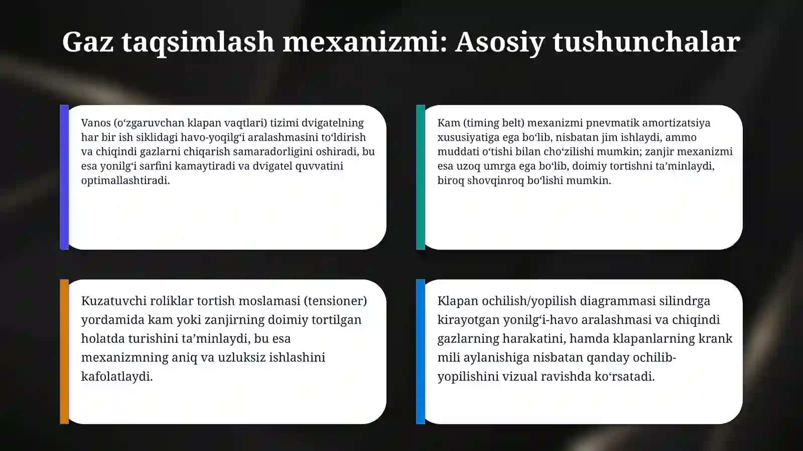 Gaz taqsimlash mexanizmi. Gaz balon qurilmali dvigatelning ta’minlash tizimi. 4