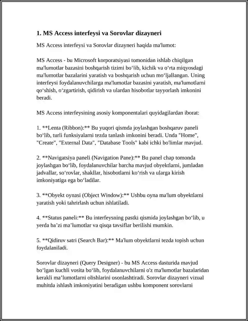MS ACCESS MUHITIDA TURLI SOROVLAR YARATISH VA SQL SOROVLAR TILI 4