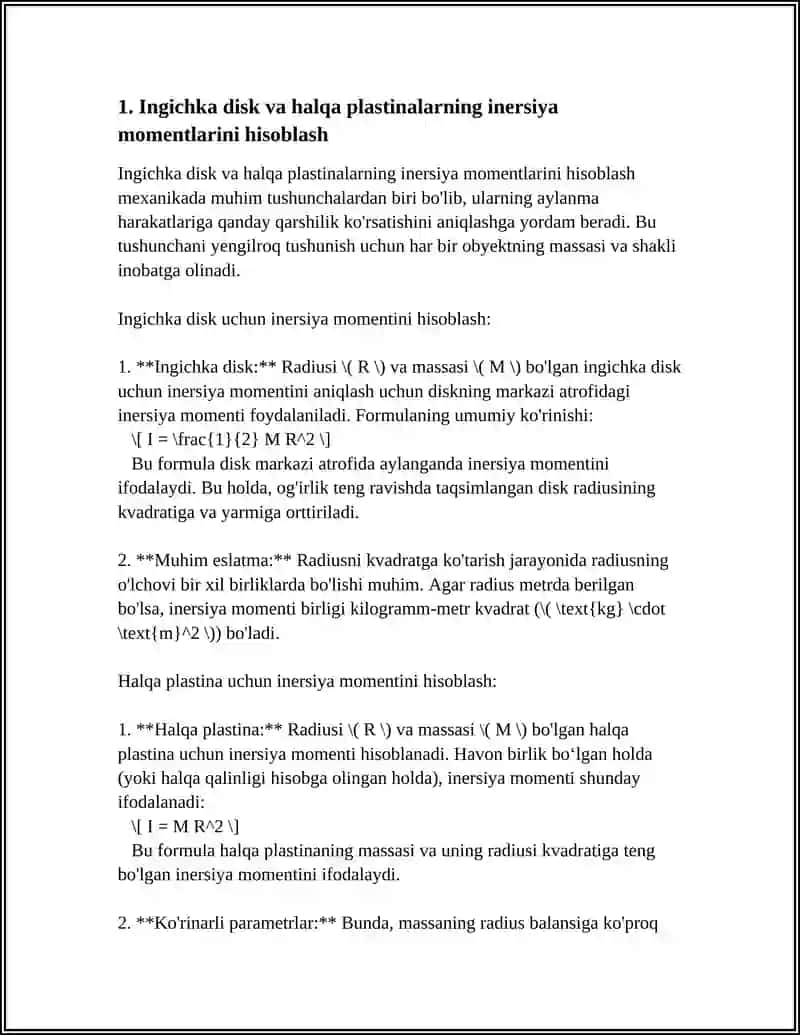 Ingichka disk va halqa plastinalarning inersiya momentlarini hisoblash 4