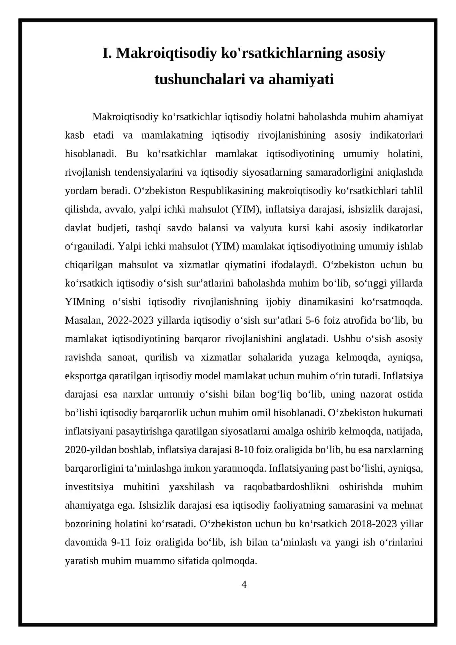 O‘ZBEKISTON RESPUBLIKASINING MAKROIQTISODIY KO‘RSATKICHLARI TAHLILI 2025-2026 O'quv Yili 4