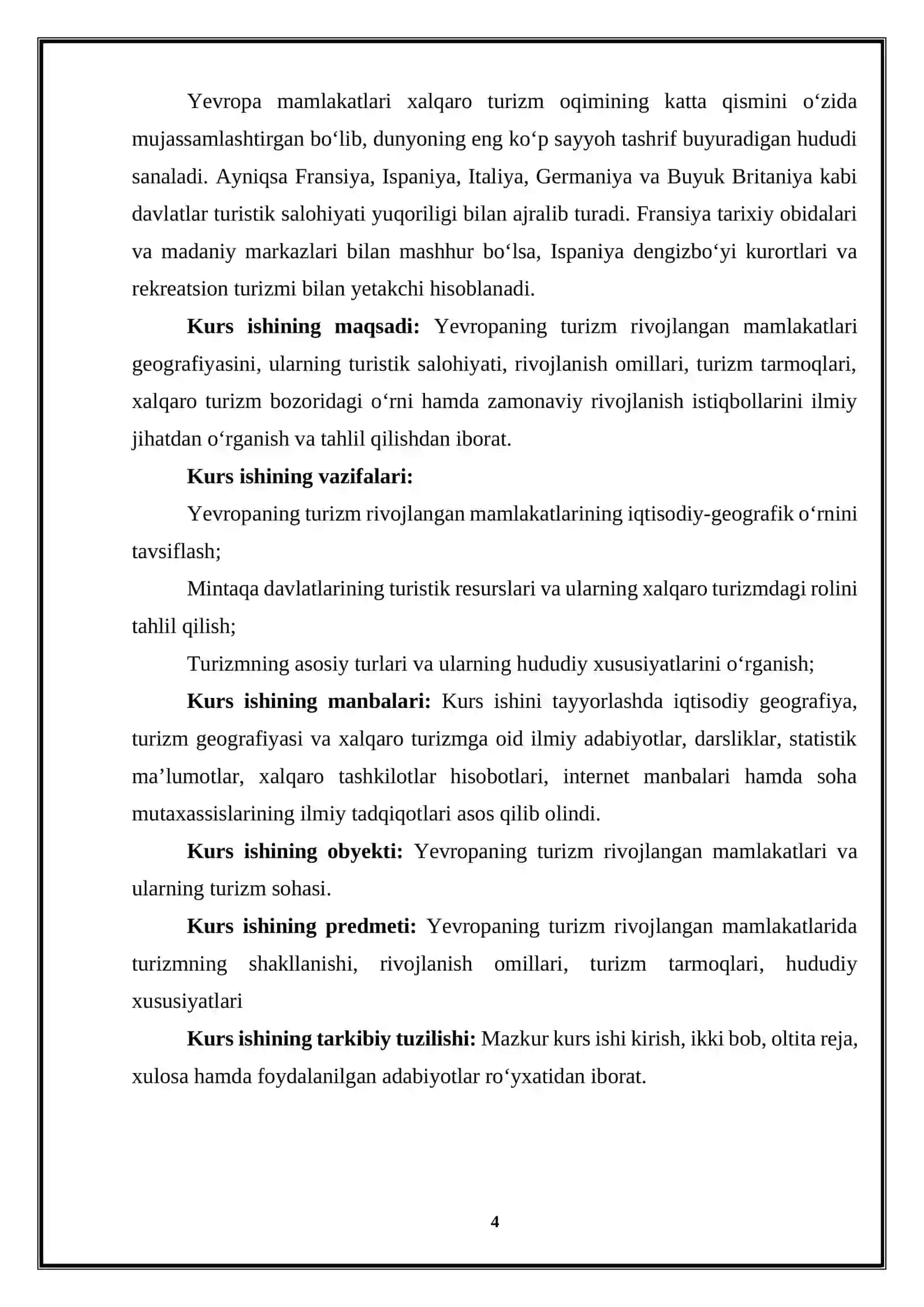 KURS ISHI: Yevropaning turizm rivojlangan mamlakatlari geografiyasi 4