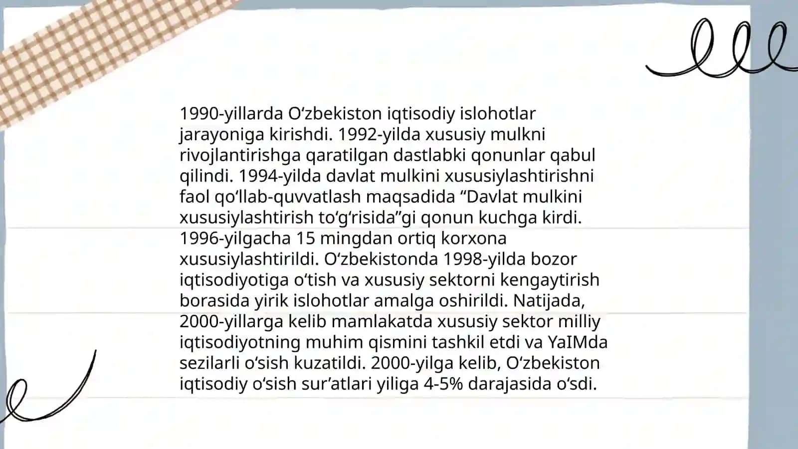 Iqtisodiy islohotlar xususiy mulkchilikning shakllanishi. Oʻzbekistonda bozor munosabatlarini rivojlanishi 4