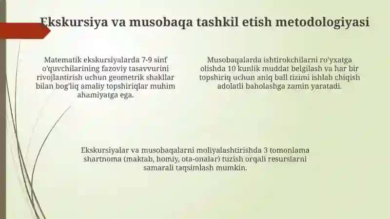 Matematik ekskursiyalar tashkil etish metodikasi va matematik konkurs tashkil etish metodikasi 4