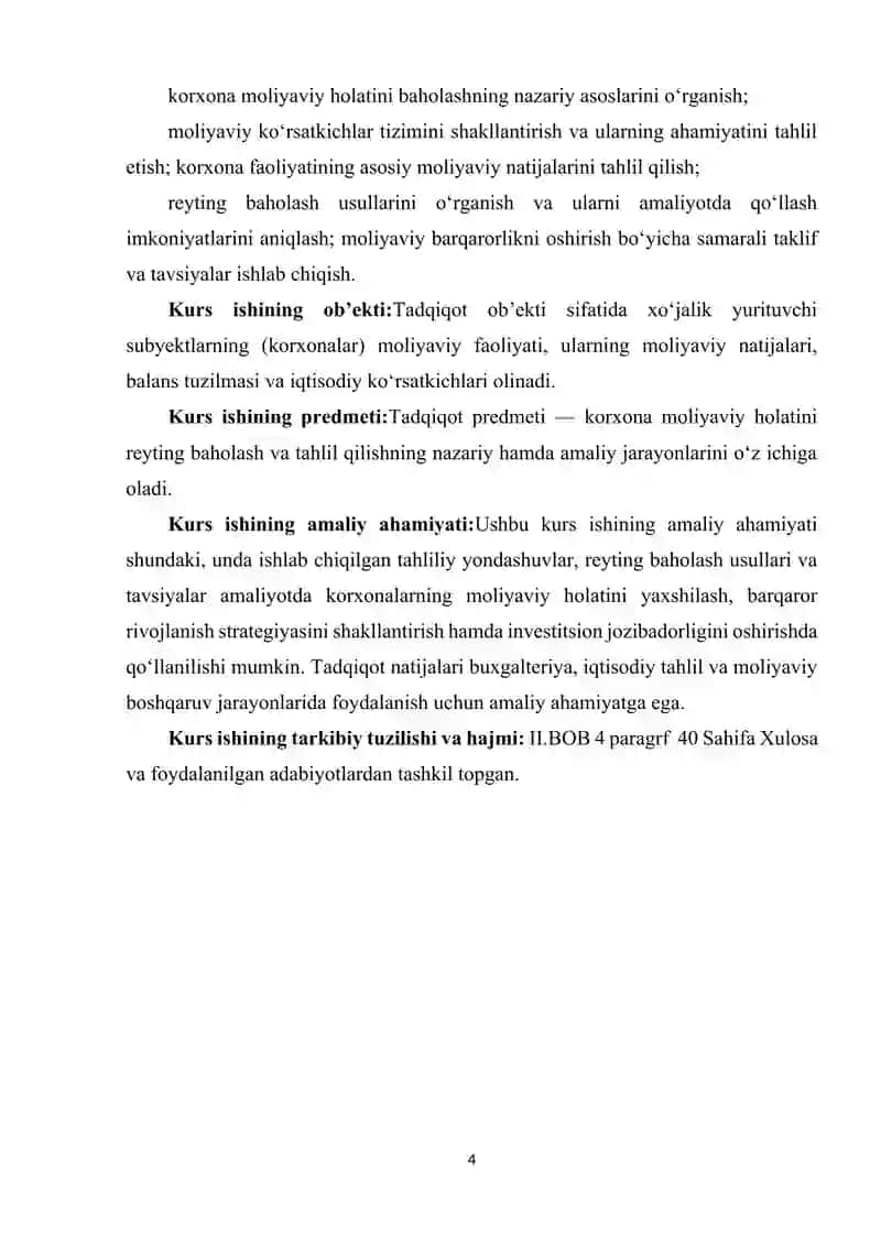 KORXONALAR MOLIYAVIY HOLATINI REYTING BAHOLASH VA TAHLIL QILISH. 4
