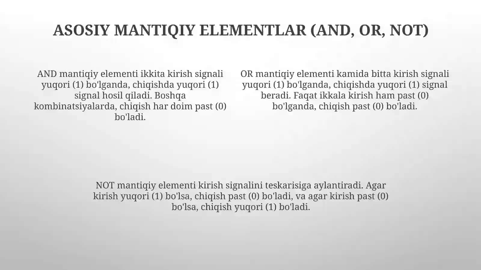 Mantiqiy elementlar (AND, OR, NOT, NAND, NOR, XOR) va ularning ishlash prinsipi 4