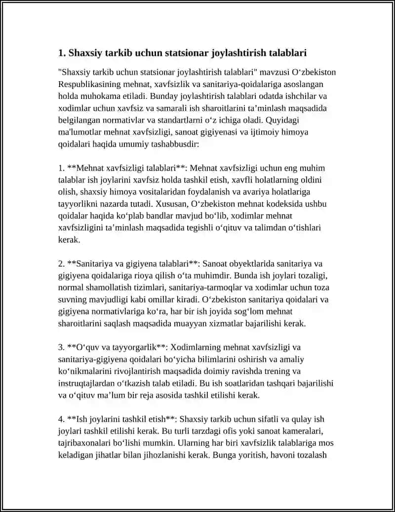 SHAXSIY TARKIBNINI STATSIONAR VA DALA SHAROITIDA JOYLASHTIRISHGA BO'LGAN SANITAR-GIGIYENIK TALABLAR 4