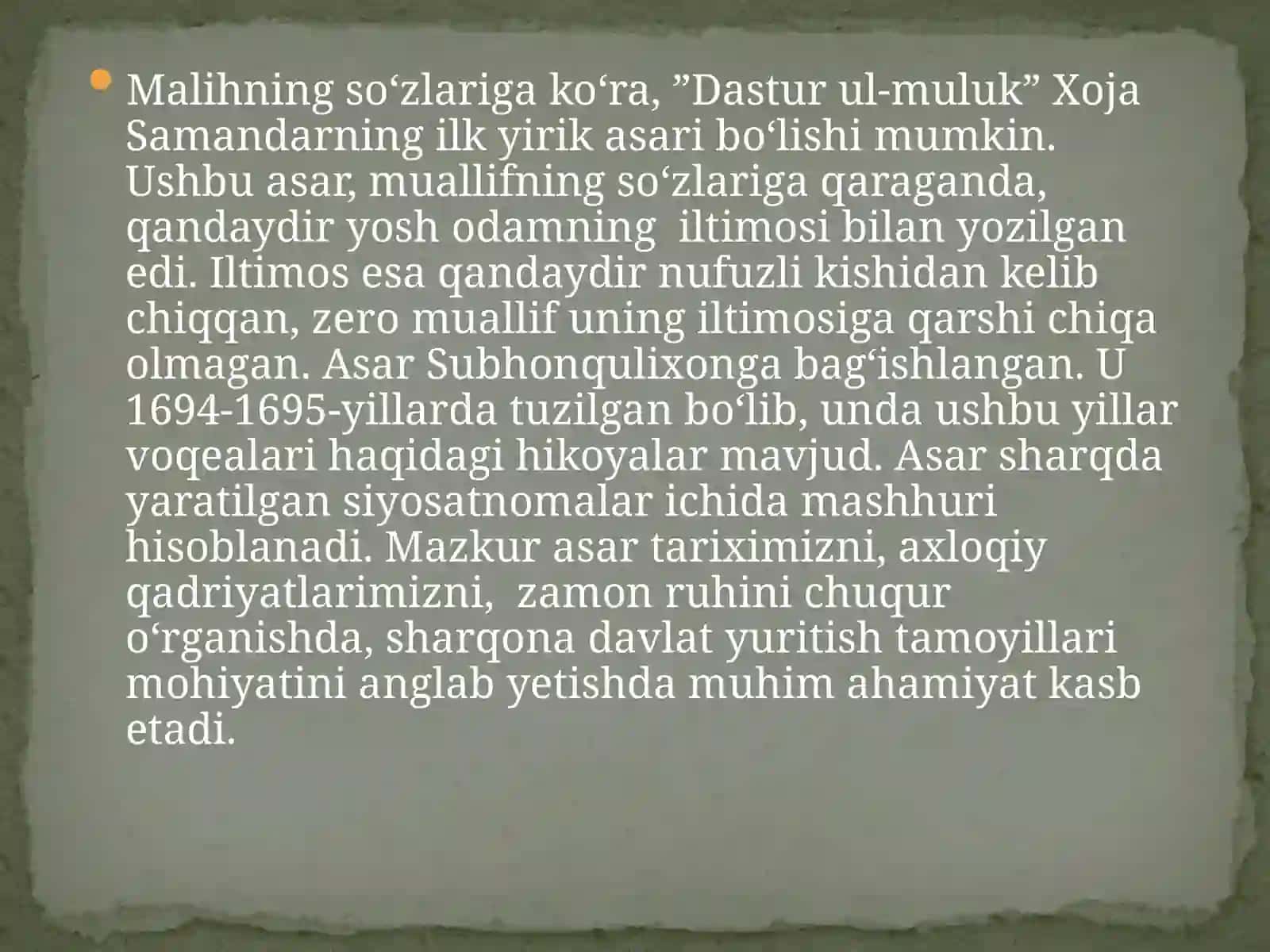 Manbashunoslik va tarixshunoslik fanidan mustaqil ish Xoja Samandar Termiziy "Dastur ul-muluk" 4