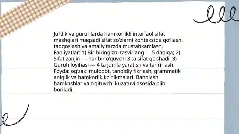 Sifat so'z turkumini o'rganishda interfaol usullarni qo'llash 4