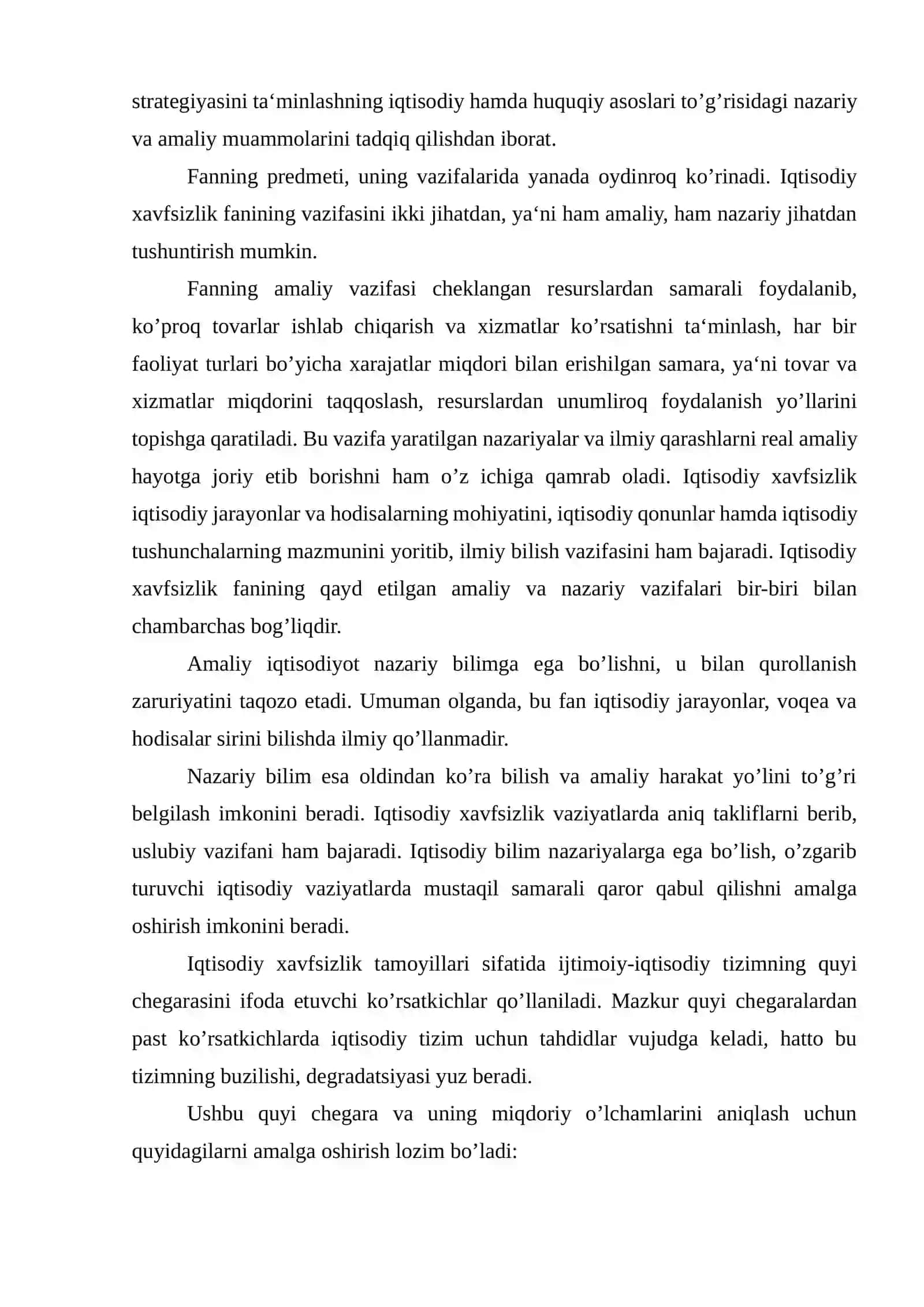 “IQTISODIY XAVFSIZLIK” FANIGA KIRISH, IQTISODIY XAVFSIZLIKNING MOHIYATI VA TARKIBIY ELEMENTLARI 4