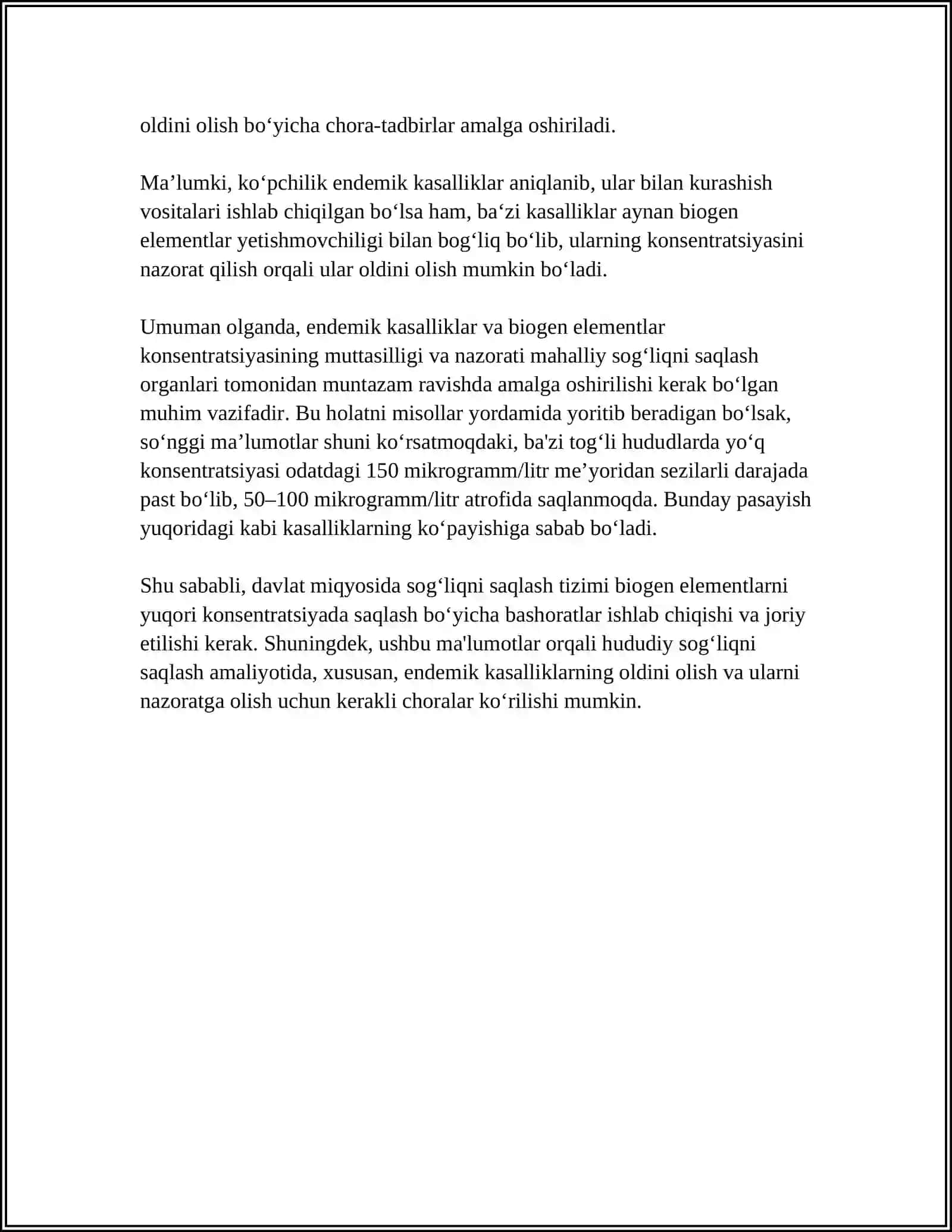 MUSTAQIL ISH Mavzu: BIOGEN ELENENTLAR KONSENTRATSIYASI OZGARISHI BILAN BOGʻLIQ BOLGAN ENDEMIK VA KASB KASALLIKLARI 4