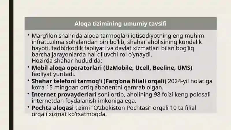 Marg'ilon shahar aloqa tarmoqlari iqtisodi ko'rsatkichlari 4