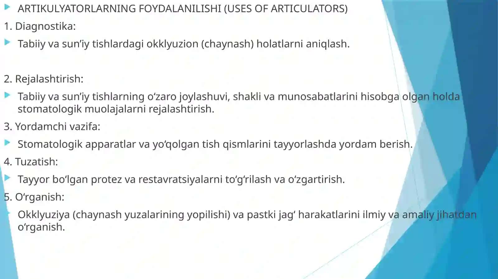 Pastki jag' harakatini takrorlaydigan apparatlar .Arikulyator turlari. 4