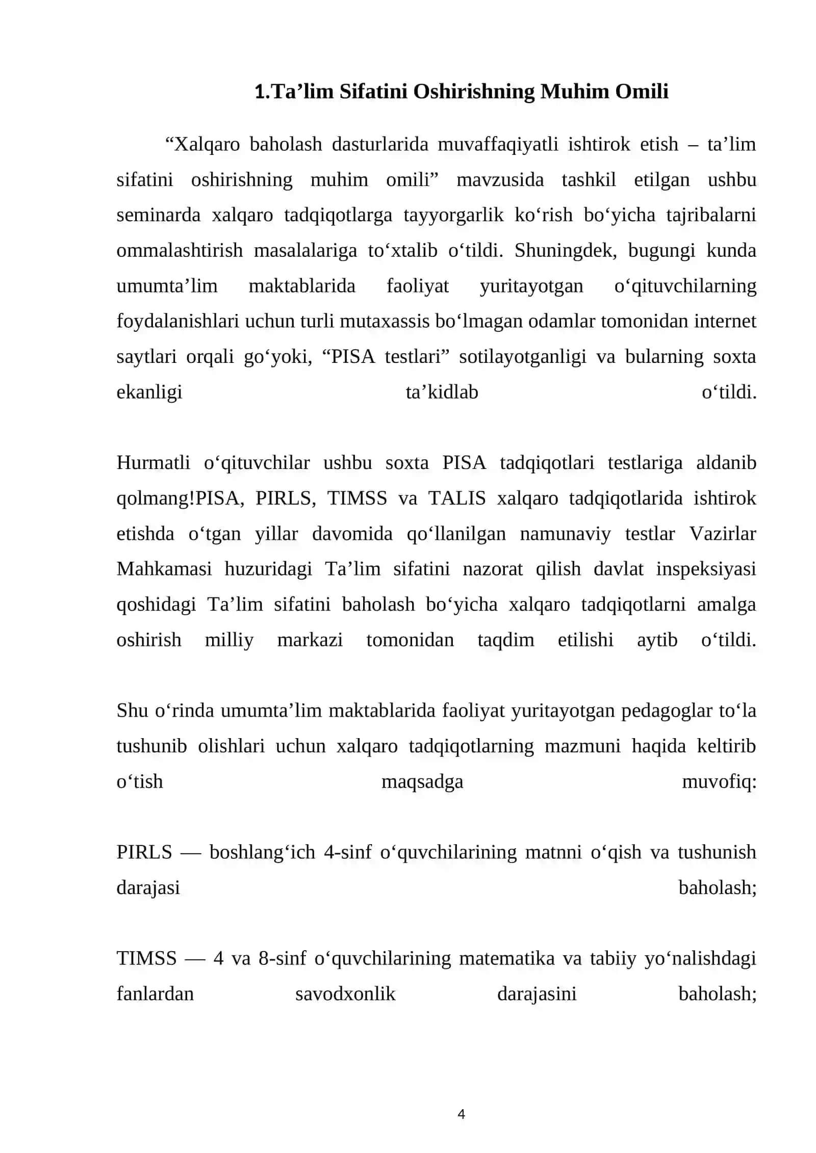 Boshlang'ich sinflarda xalqaro baholash dasturiga ko’ra matn va matematik savodhonlik ustida ishlash tajribasi 4