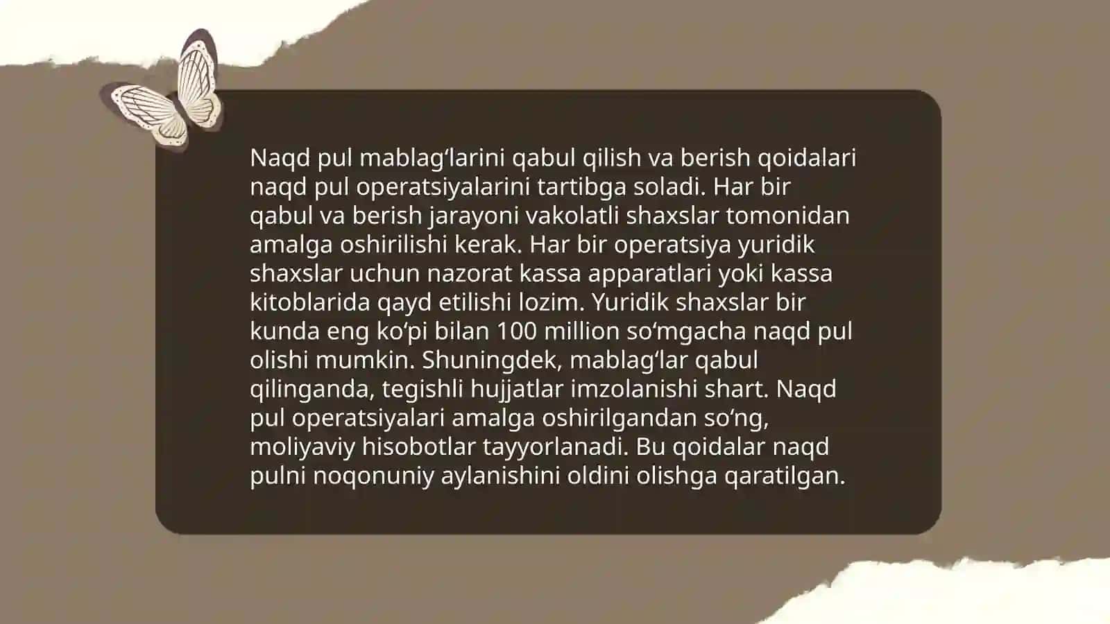 Kassa muomala hisobi, hisob-kitob, valyuta va maxsus schotlardagi pul mablagʻlarini hisobga olish 4