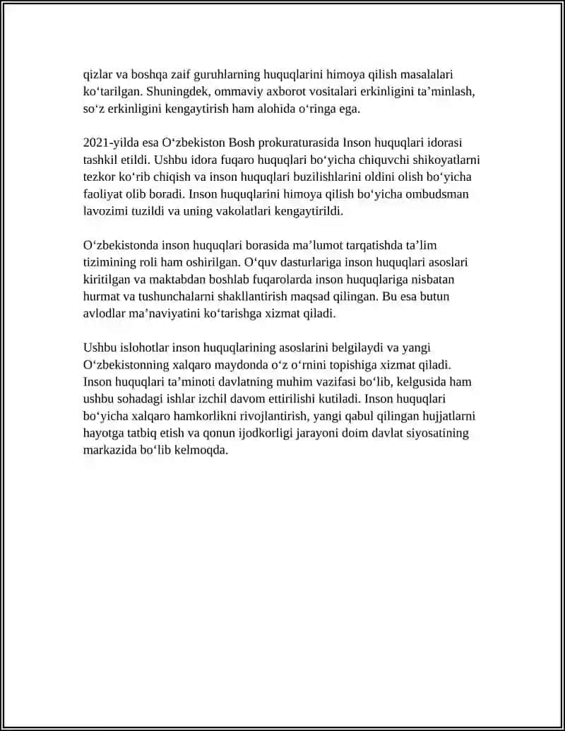 YANGI OʻZBEKISTONDA INSON HAQ HUQUQLARI VA ERKINLIKLARI KAFOLATINING YARATILISHI 4