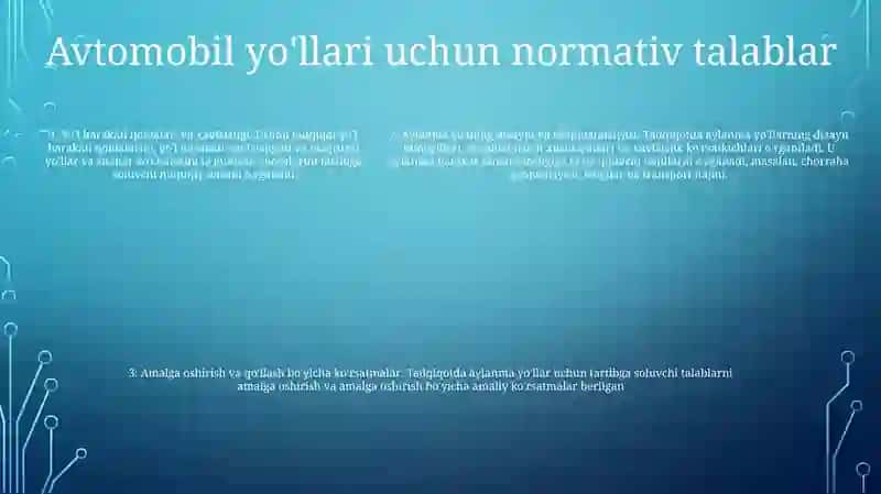 Avtomobil Yo'Llari Va Shahar Ko'Chalarida Aylanma Harakatni Tashkil Etishga Qo'Yilgan Me'YoriyTalablarniO'Rganish 4