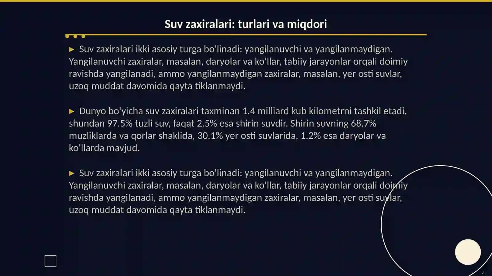Suv resurslari: ahamiyati, zaxirasi, tarqalishi va undan foydalanish 4