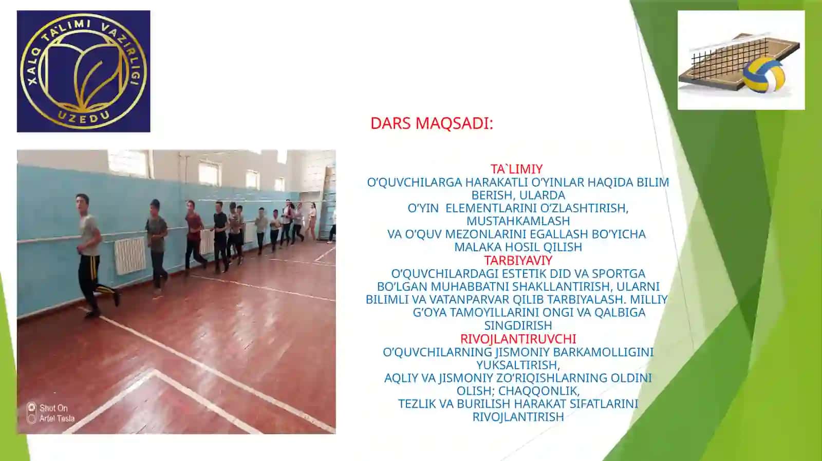 Jismoniy tarbiya fanidan Voleybol. To'pni yuqoridan qabul qilish ochiq dars ishlanma 4
