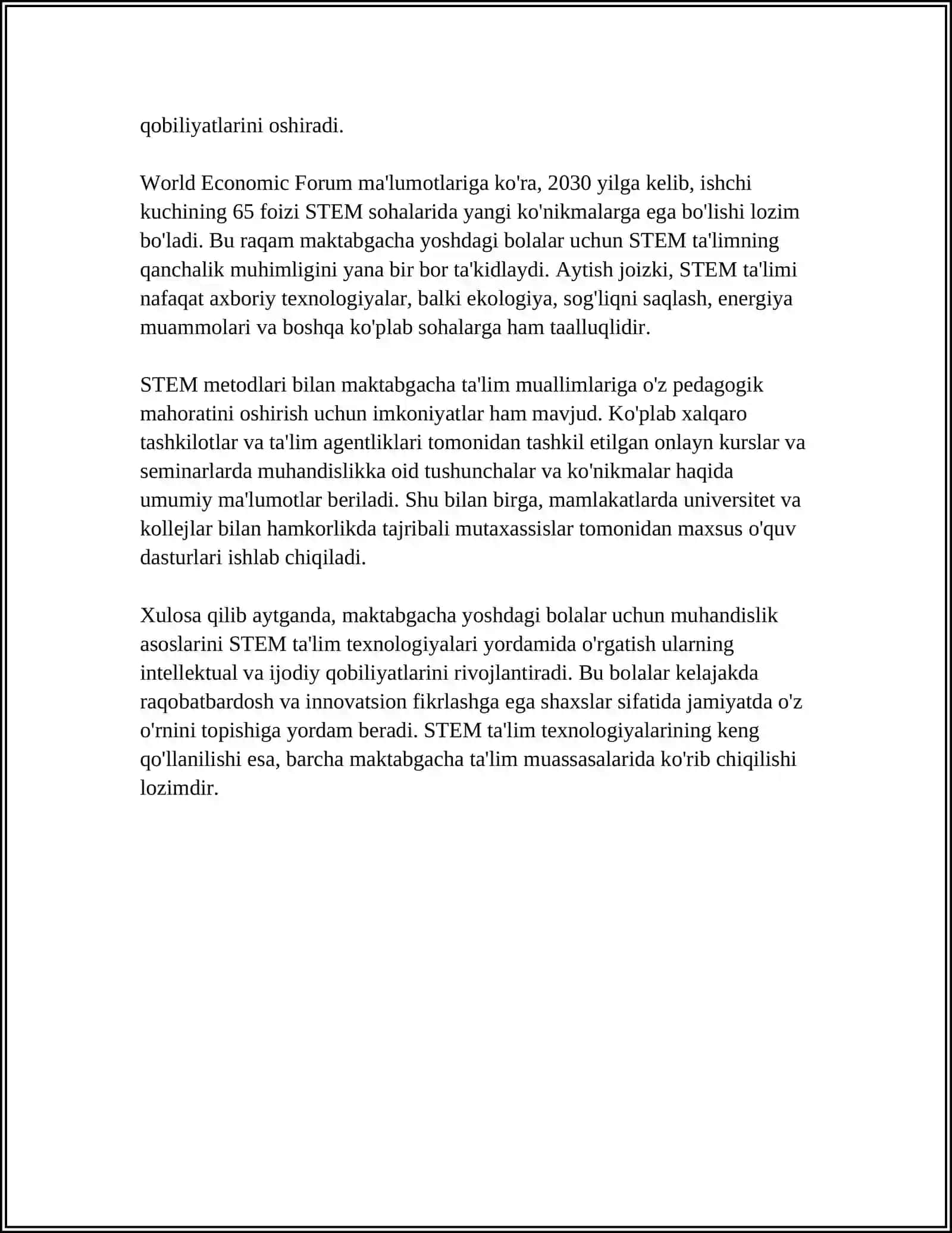 ILK QADAM DAVLAT DASTURI BOʻYICHA MAKTABGACHA YOSHDAGI BOLALARDA STEAM TALIM TEXNALOGIYASI ASOSIDA TALIM TARBIYA BERISH MASALALARI 4