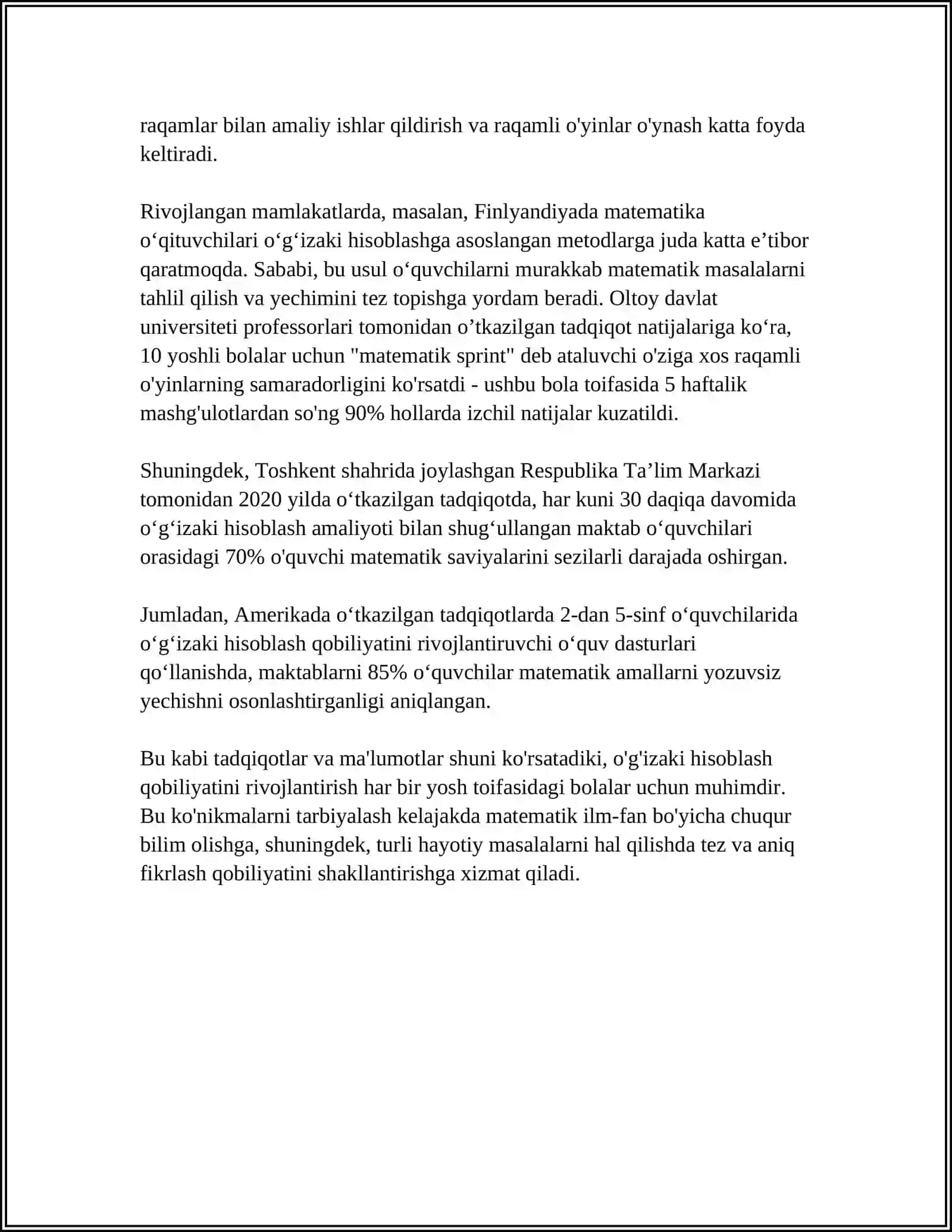 OĞIZAGI VA YOZMA HISOBLAWGA OID DIDAKTIK UYINLAR TOPSHIRIQLAR TUPLAMINI TUZIW 4