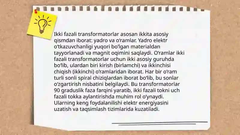 Bir fazali transformatorlar.Ularning parametrlari.Qoʻllanish sohalarini oʻrganish 4