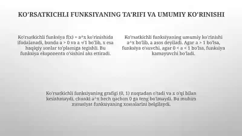 Ko‘rsatkichli, logarifmik, darajali funksiyalar va ularning xossalari 4