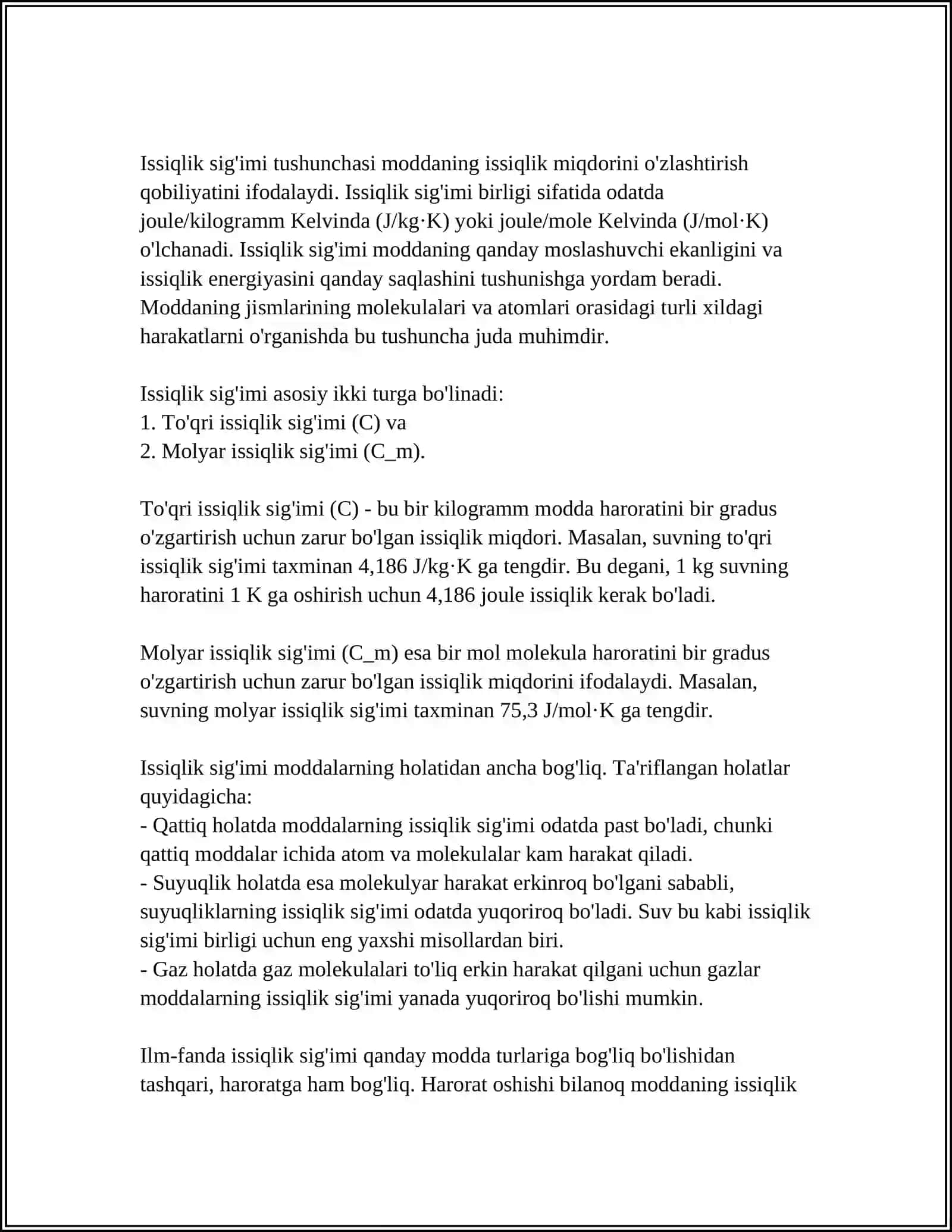 Issiqlik miqdori, solishtirma issiqlik sigʻimi, yoqilgʻini yonish issiqligi, solishtirma yonish issiqligi 4