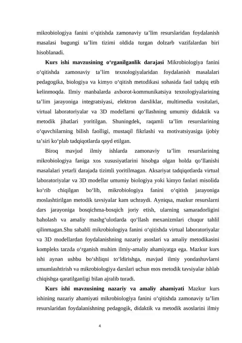 MIKROBIOLOGIYA FANINI O‘QITISHDA ZAMONAVIY TA’LIM RESURSLARI (VIRTUAL LABORATORIYALAR, 3D MODELLAR)DAN FOYDALANISH 4