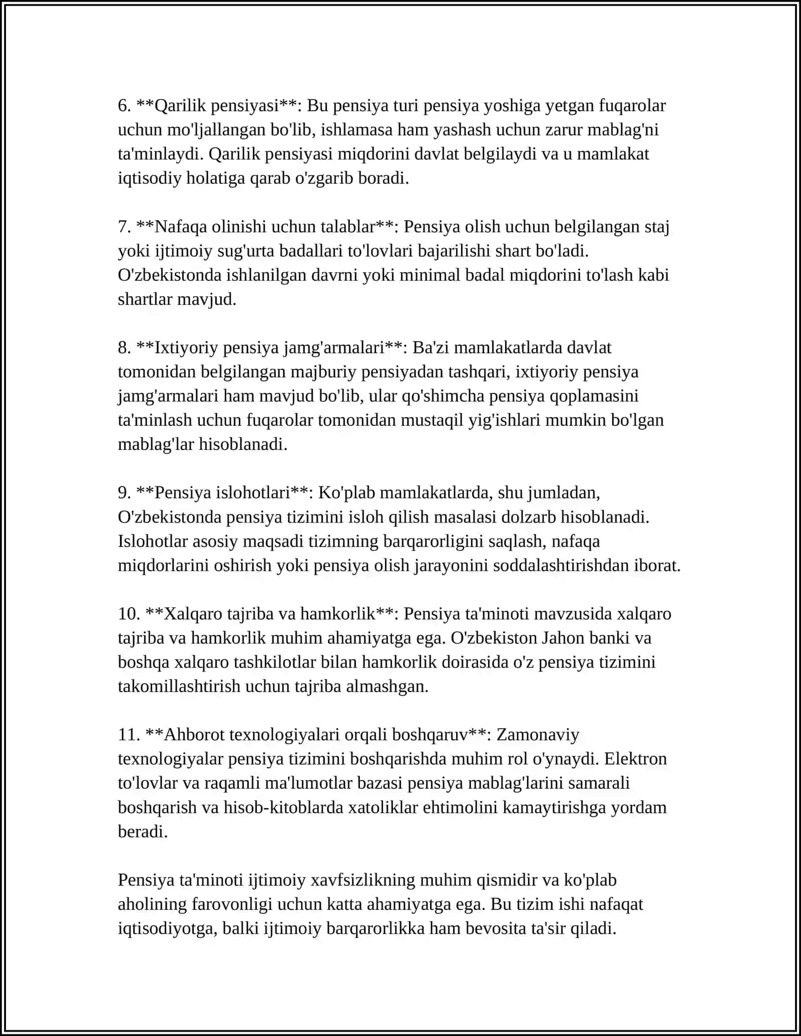 MUSTAQIL ISH Mavzu: PENSIYA TAʼMINOTINING MOHIYATI, ZARURLIGI VA DAVLAT IJTIMOIY SIYOSATINI AMALGA OSHIRISHDAGI AHAMIYATI 4