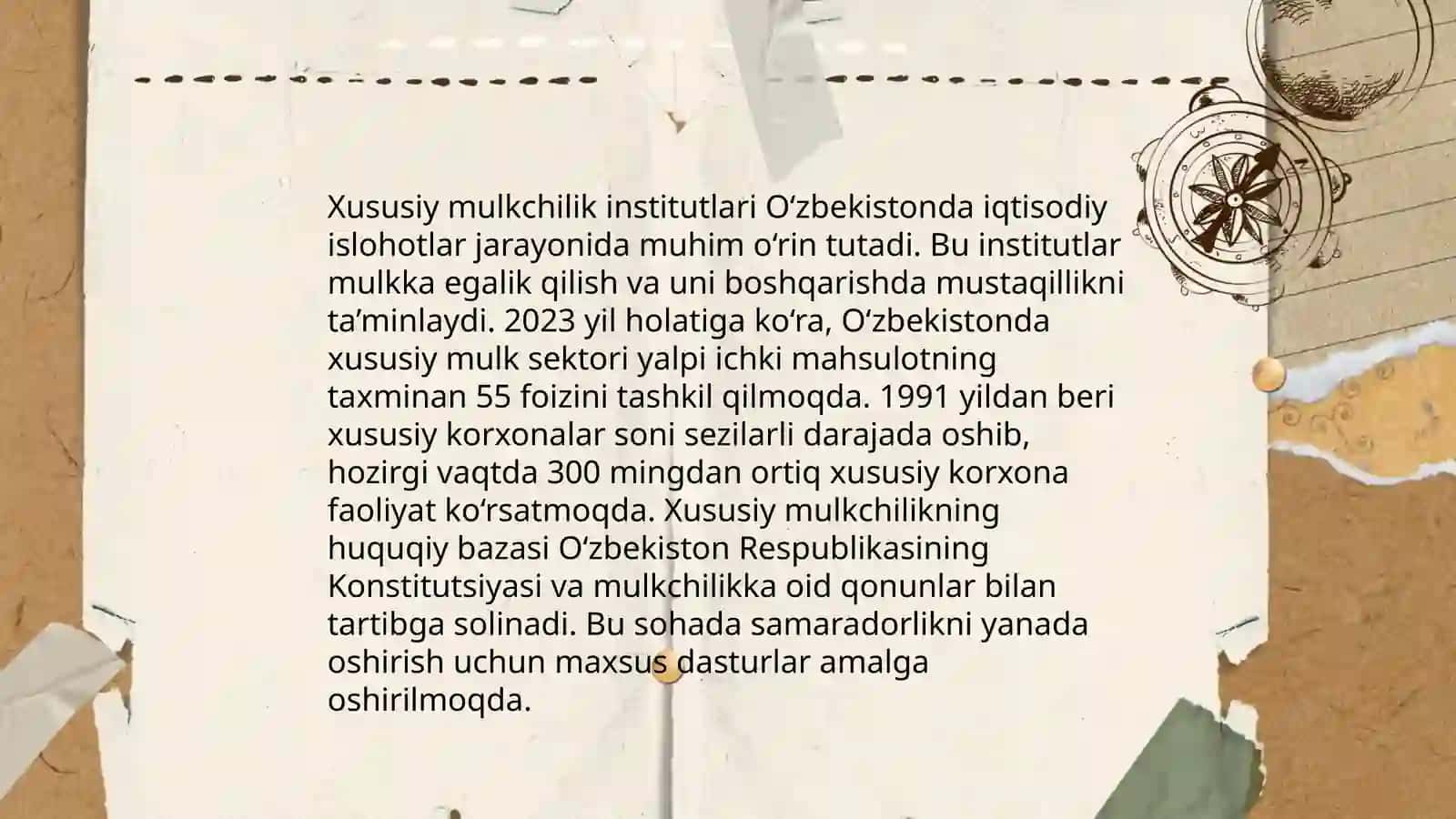 Iqtisodiy islohotlar,xususiy mulkchilikning shakllanishi.O'zbekistonda bozor munosabatlarining rivojlanishi 4