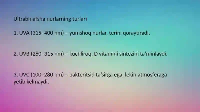 Ultrabinafsha nurlanish. Ultrabinafsha nurlanishning tibbiyotda qoʻllanishi 4