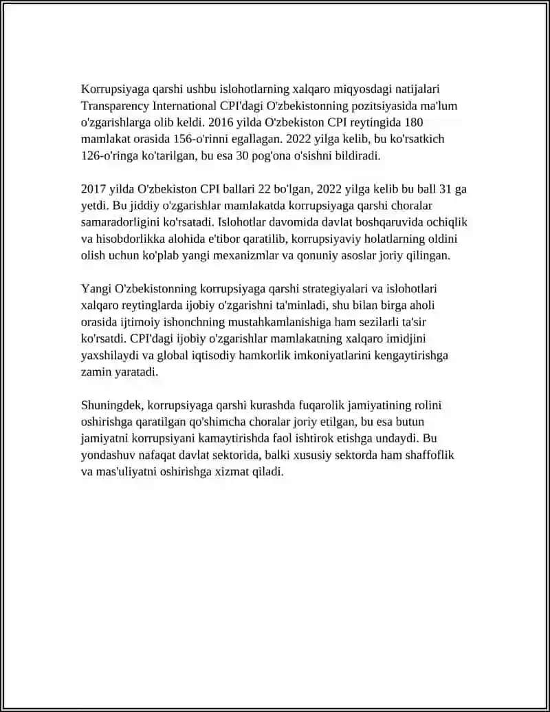 YANGI O'ZBEKISTON IJTIMOIY-SIYOSIY, IQTISODIY VA MADANIY HAYOTIDA RO'Y BERAYOTGAN O'ZGARISHLARNING XALQARO REYTING VA INDEKSLARDA AKS ETISHI 4