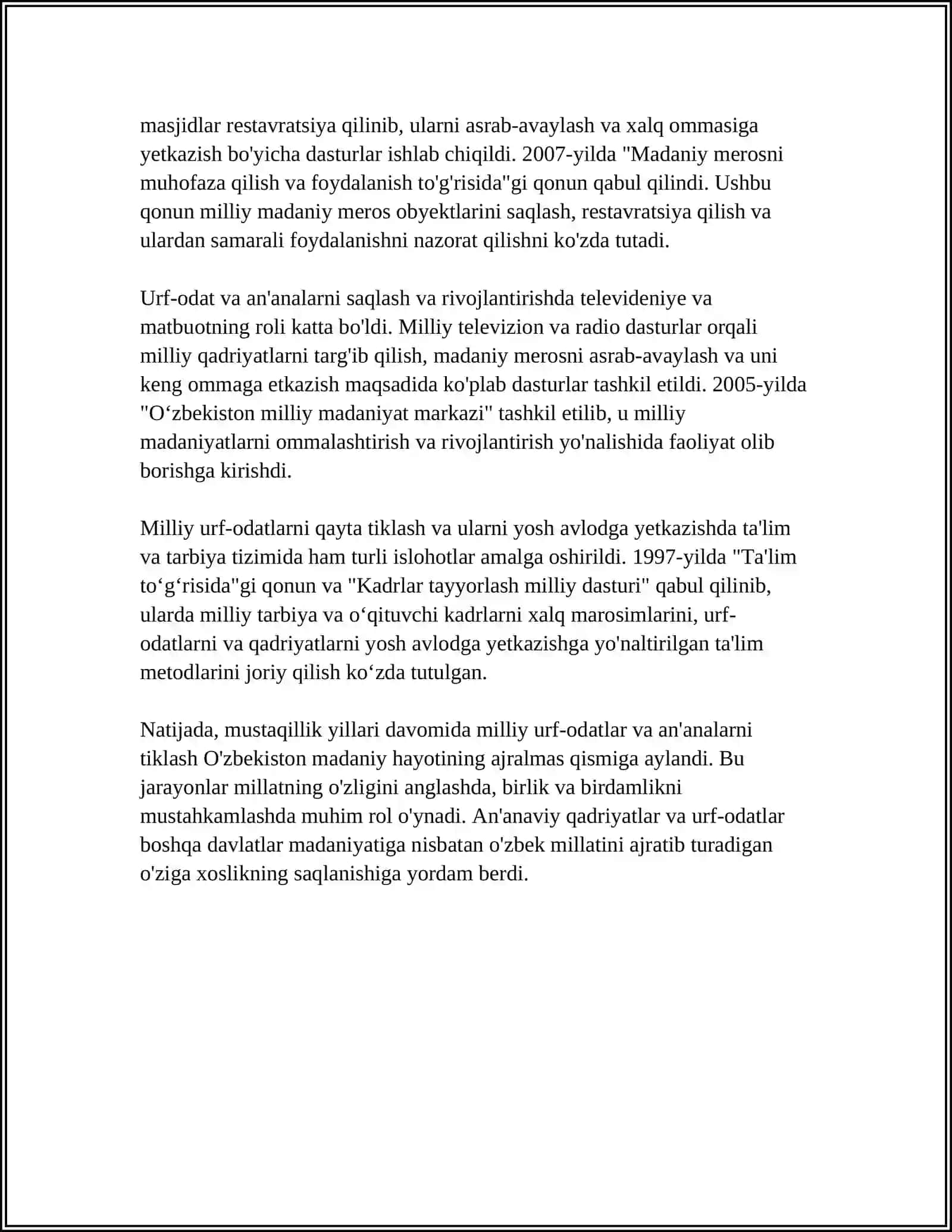 MUSTAQILLIK YILLARIDA O‘ZBEKISTONDA MILLIY URF-ODATLAR, QADRIYATLAR VA AN’ANALARNING KAYTA TIKLANISHI 4