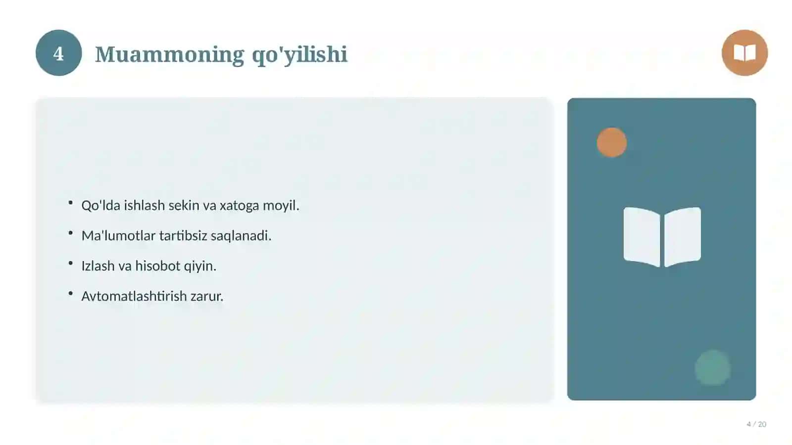 Ma'lumotlar bazasi: nazariy asoslari, integratsion yondashuvda (Mustaqil ta'lim topshirig'i) 4