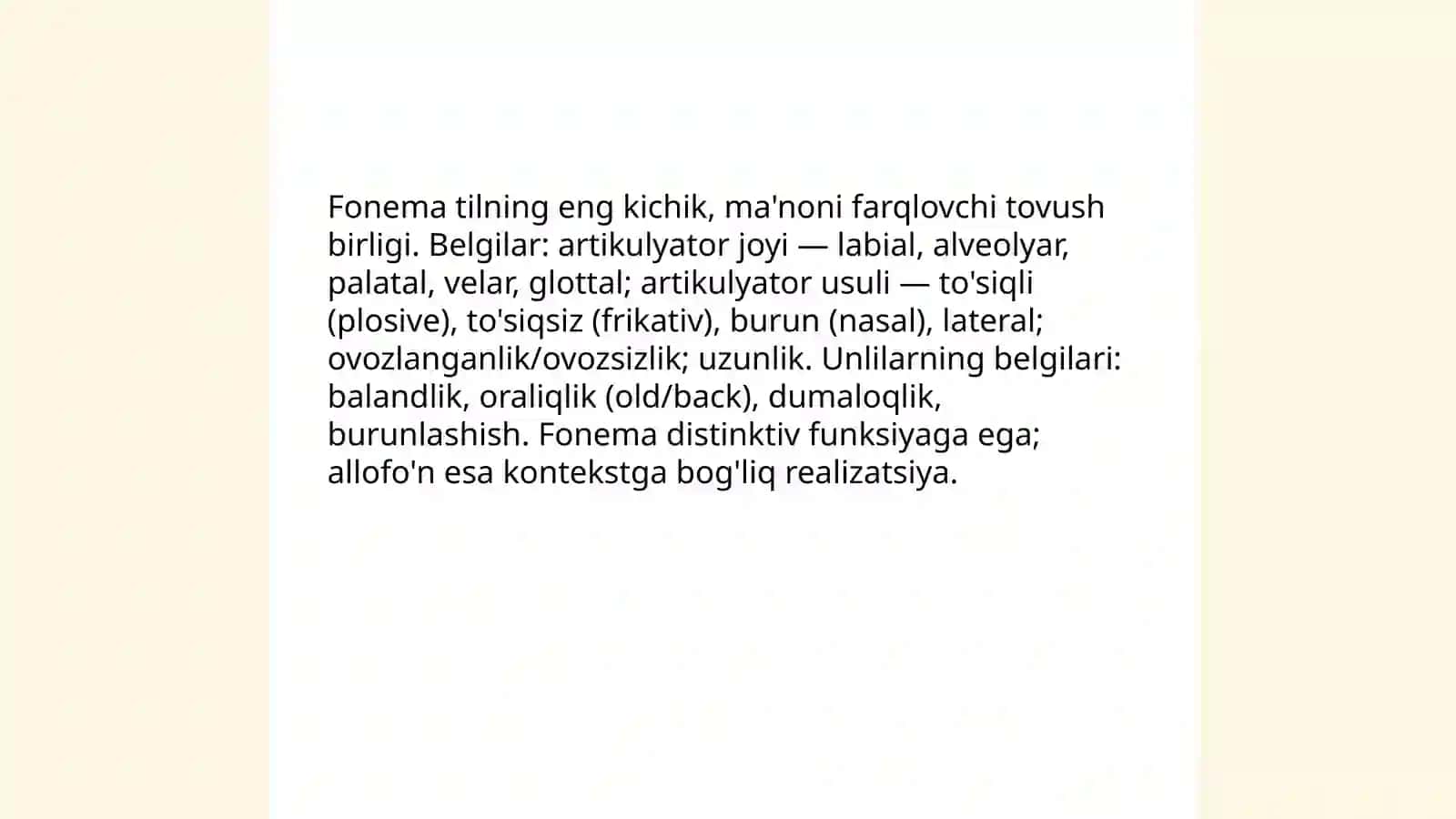 Fonologiya. Tilning fonemalar tizimi. Fonologik ziddiyatlar. Tillarning shakllanish taraqqiyoti 4