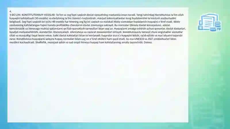 Oʻzbekiston Respublikasining taʼlim va sogʻliqni saqlash sohasidagi davlat siyosati hamda qonunlari 4