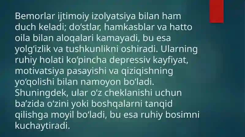 Imkoniyati cheklangan bemorlarning psixologik xususiyatlari. Onkologik bemorlarning psixologik xususiyatlarining o‘ziga xosligi 4