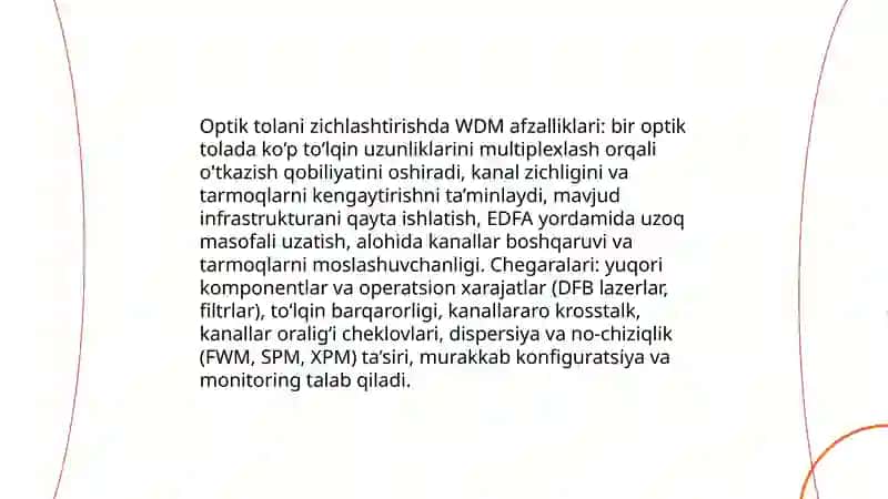 Optik aloqa linlayarini zichlashtirish usulari. Tôlqin uzunligi bôyicha zichlashtirish WDM texnologiyasi 4