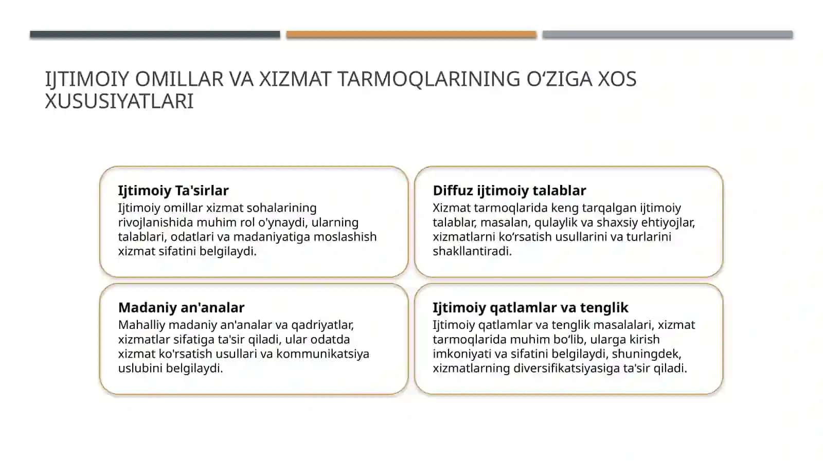 Xizmat koʻrsatish tarmoqlarini rivojlanishiga ta’sir etuvchi omillar va ularni guruhlashtirish 4