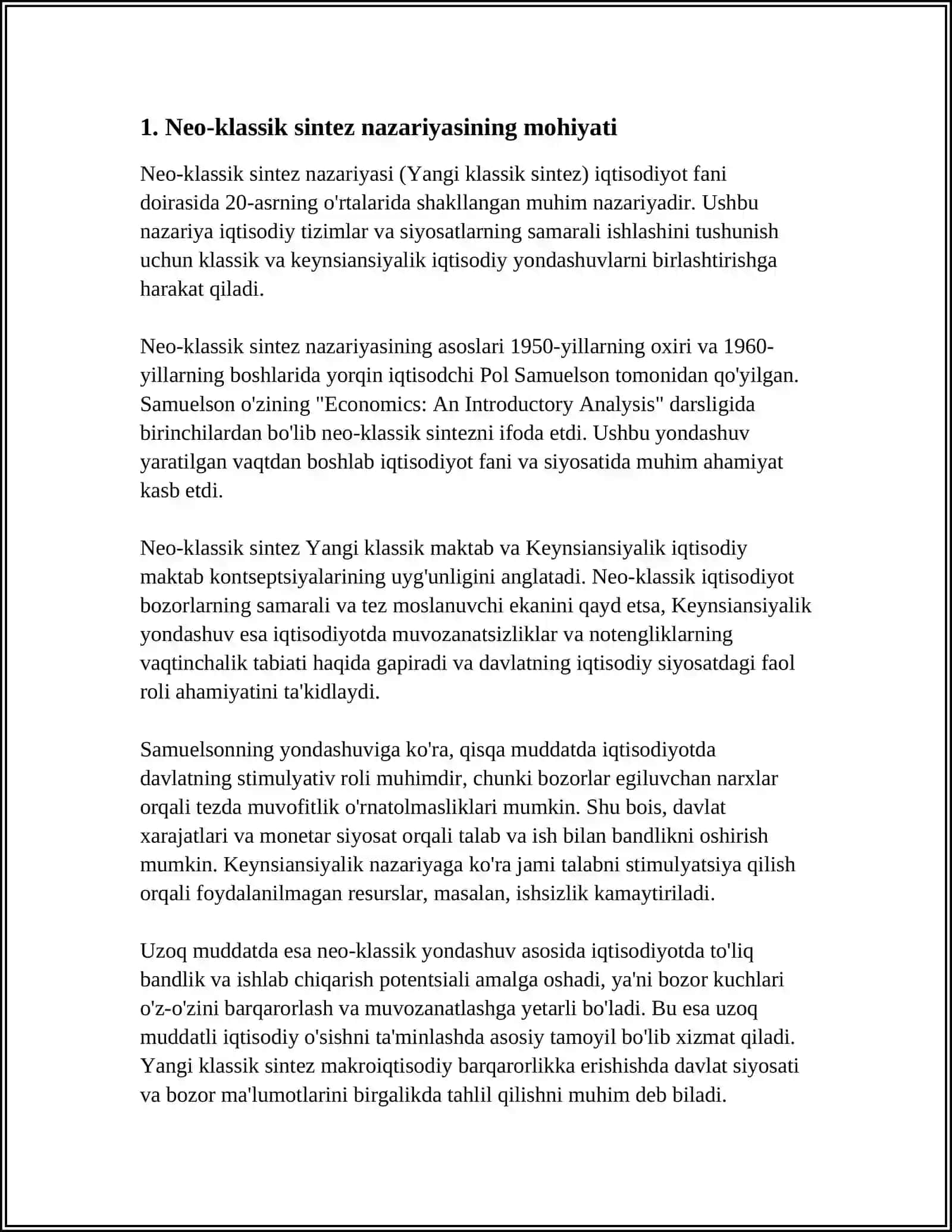 POL SAMUELSONNING NEOKLASSIK SINTEZ NAZARIYASI VA UNING ZAMONAVIY IQTISODIY TAHLILGA TA’SIRI 4