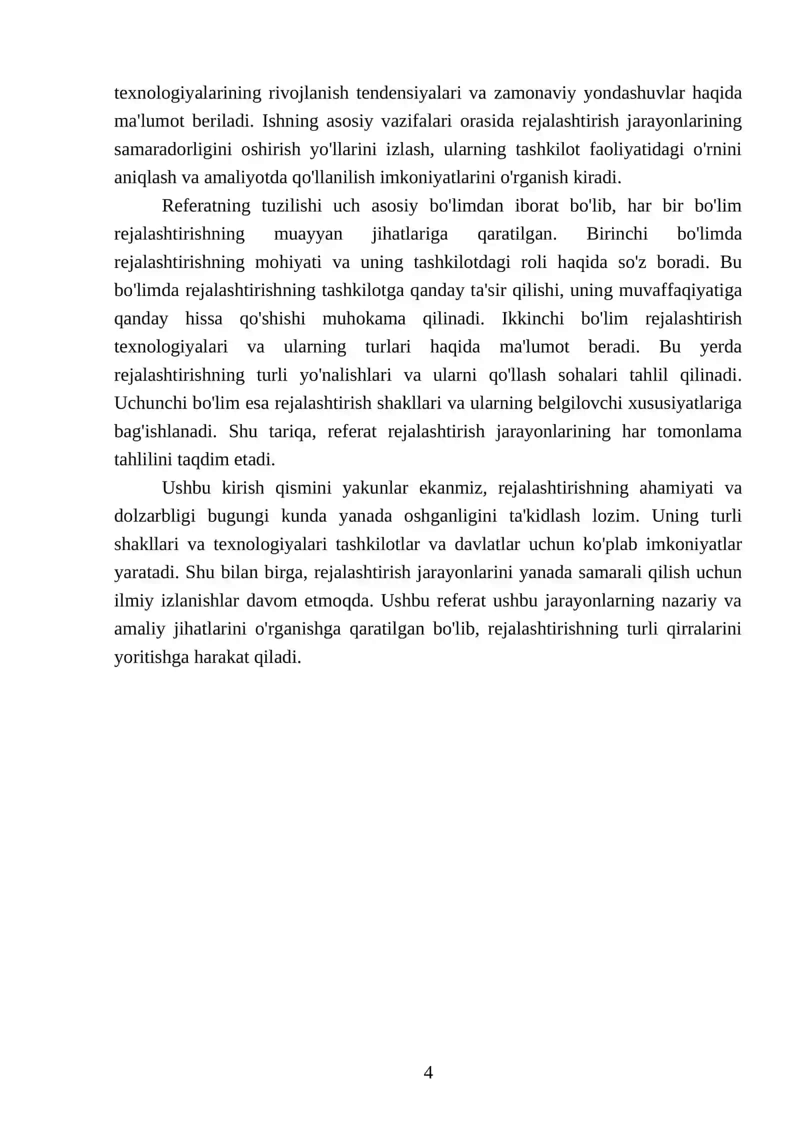 Rejalashtirishning mohiyati va ahamiyati. Rejalashtirish texnologiyasi va shaklini belgilovchi xususiyatlari 4