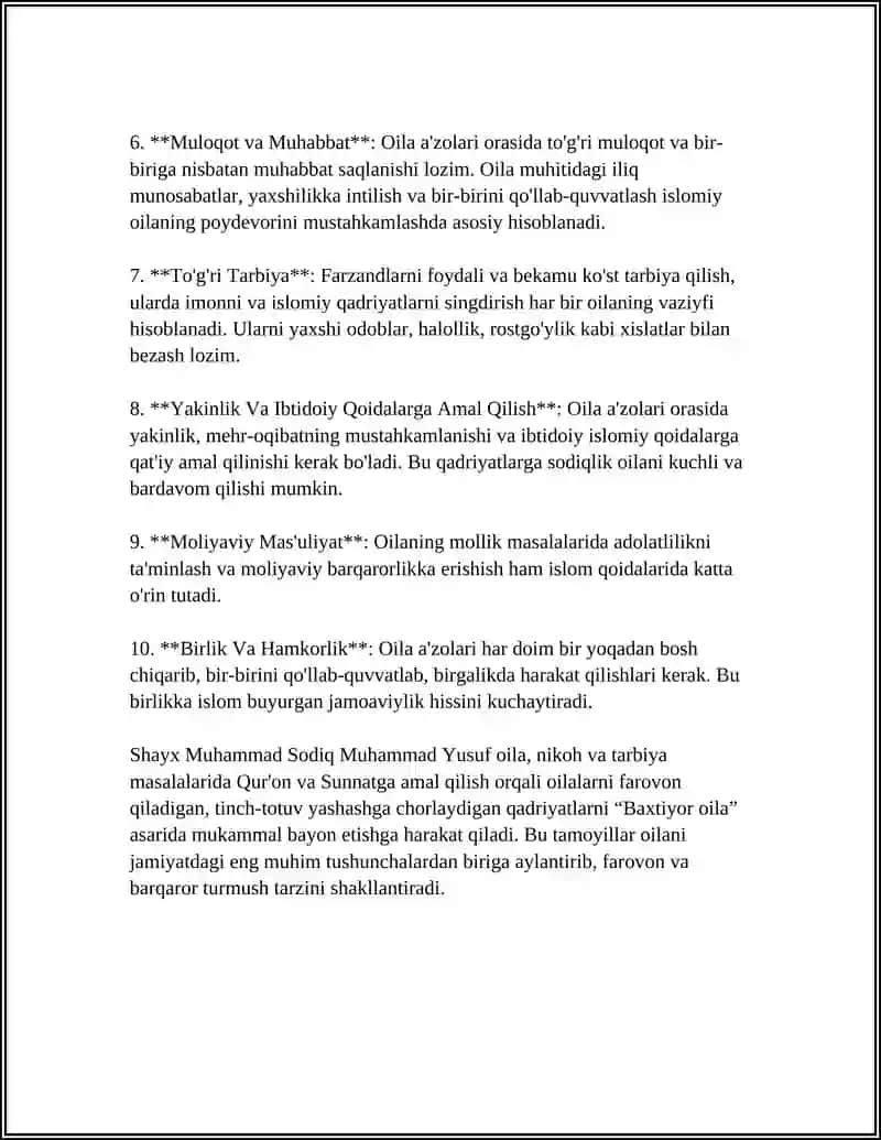 "SHAYX MUHAMMAD SODIQ MUHAMMAD YUSUFNING “BAXTIYOR OILA” ASARIDA ISLOM QADRIYATLARINING TALQINI" 4