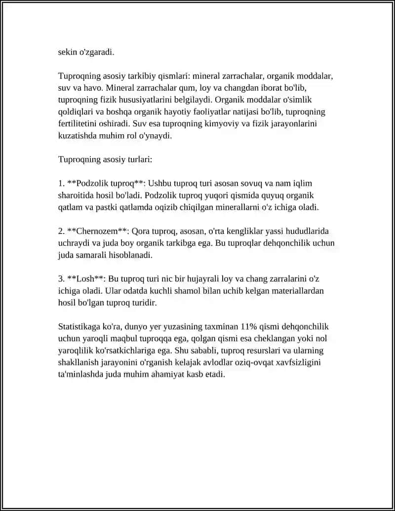 MUSTAQIL ISH Mavzu: TUPROQ VA UNING XUSUSIYATLARI 4