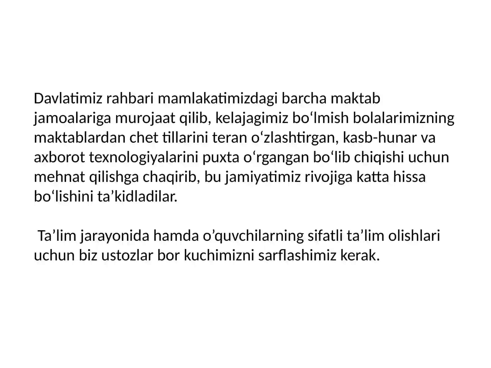 NAVOIY VILOYATI NAVBAHOR TUMANI 14-IDUM INGLIZ TILI FANI O’QITUVCHISI SADOQAT JUMAYEVANING VAZIR JAMG’ARMASI HISOBIDAN USTAMA IMTIHONI 2-BOSQICH UCHUN TAYYORLAGAN TAQDIMOTI 4