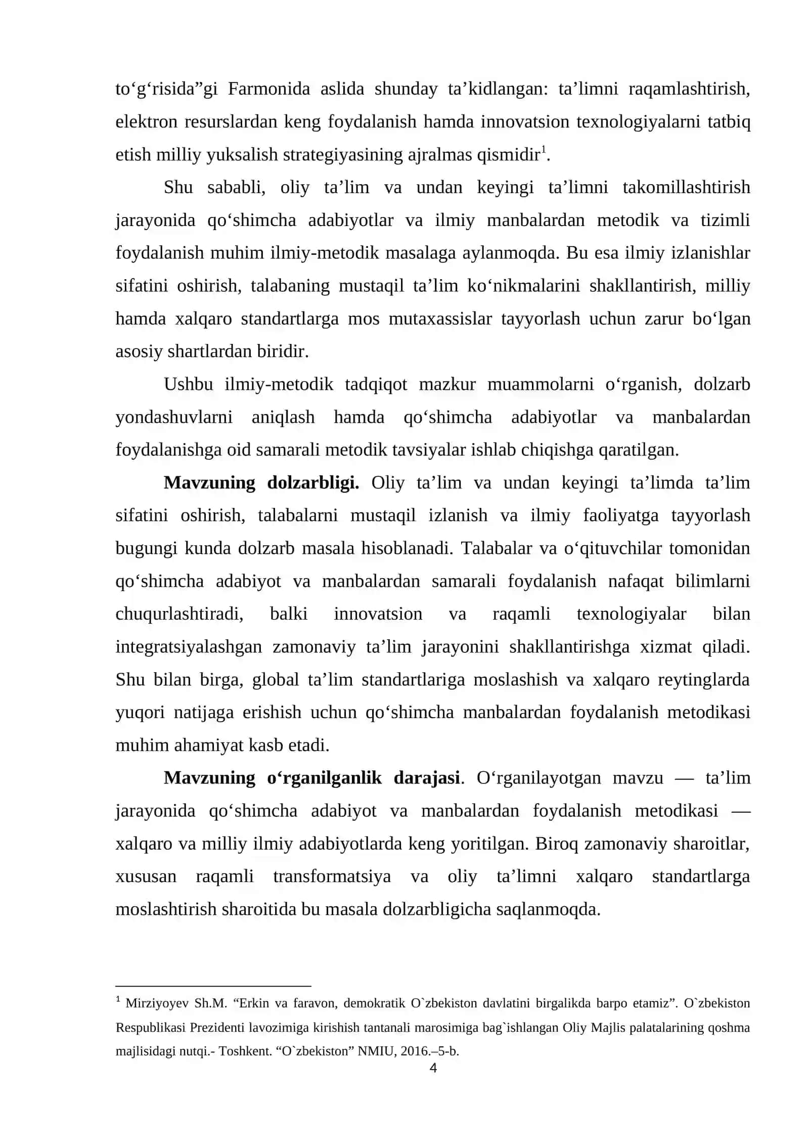Оliy TА'LIM VА UNDАN KЕYINGI TА'LIMNI TАKОMILLАSHTIRISH MАVZUSIDА QОʻSHIMСHА АDАBIYОT VА MАNBАLАRDАN FОYDАLАNISH MЕTОDIKАSI 4