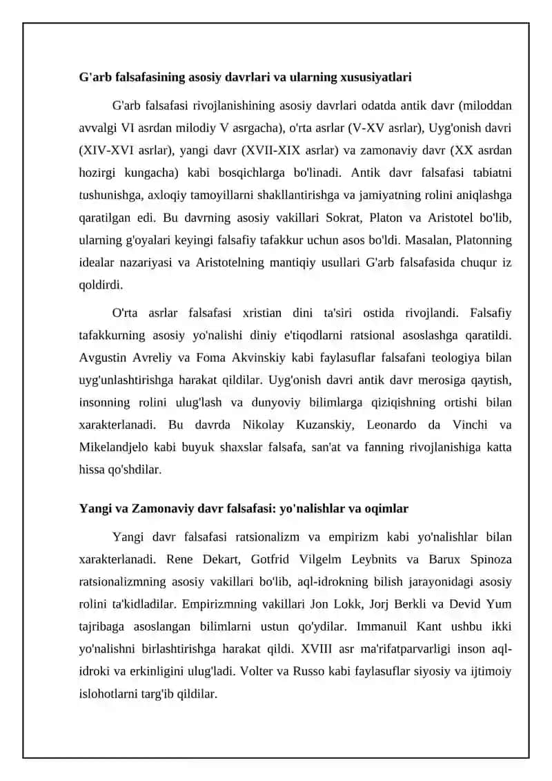 Falsafiy rivojlanish bosqichlari va G'arb falsafasining asosiy davrlari 4